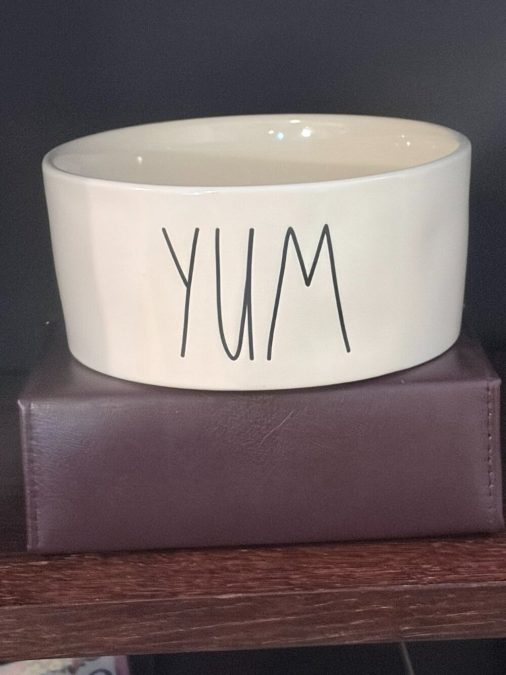 #37H Rae Dunn YUM Ceramic Pet Bowl White Black Large Letter Dog Cat